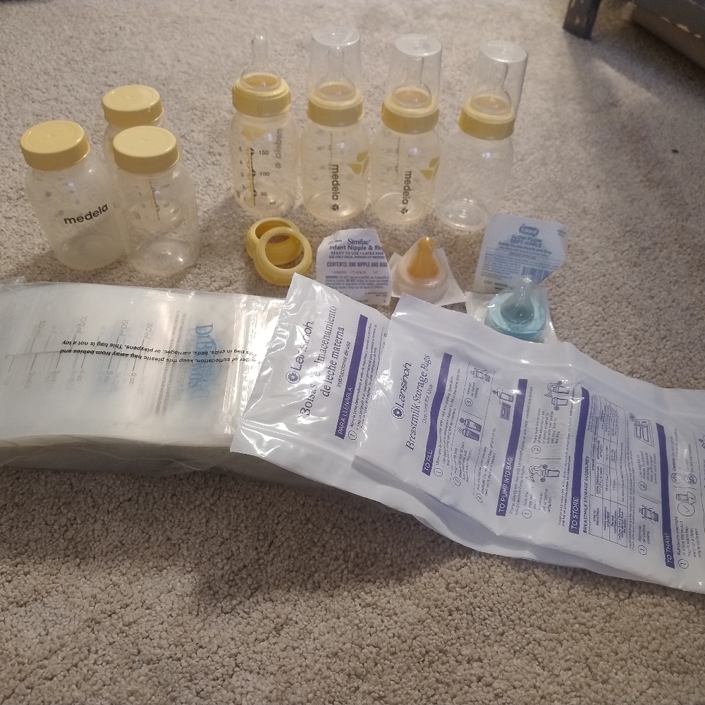 Lot Of Medela Bottles And Dr. Brown's Storage Bags
